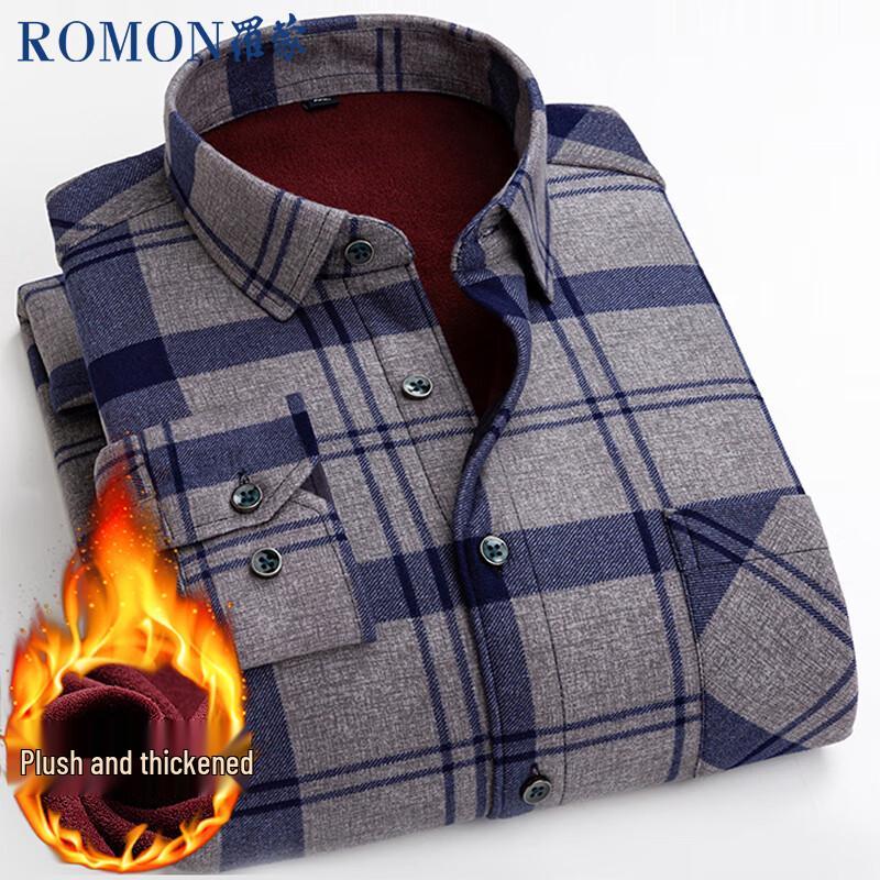 Romon Men s Winter Plaid Fleece Lined Shirt XL