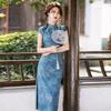Blue National Style New Chinese Long Improved Cheongsam 1011 New Young Women's High-end Sense Retro Waist Summer