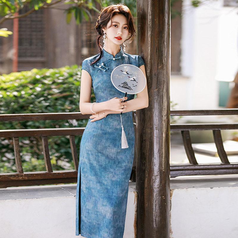 Blue National Style New Chinese Long Improved Cheongsam 1011 New Young Women's High-end Sense Retro Waist Summer