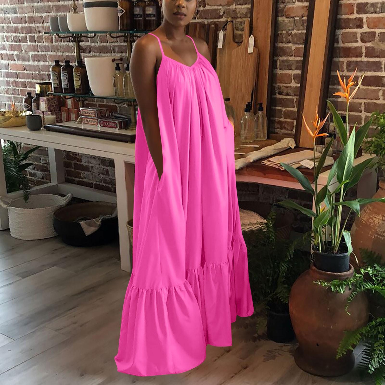 

Жіноча модна повсякденна суцільна сукня на лямках і кишені, вільна широка сукня без спини L рожевий