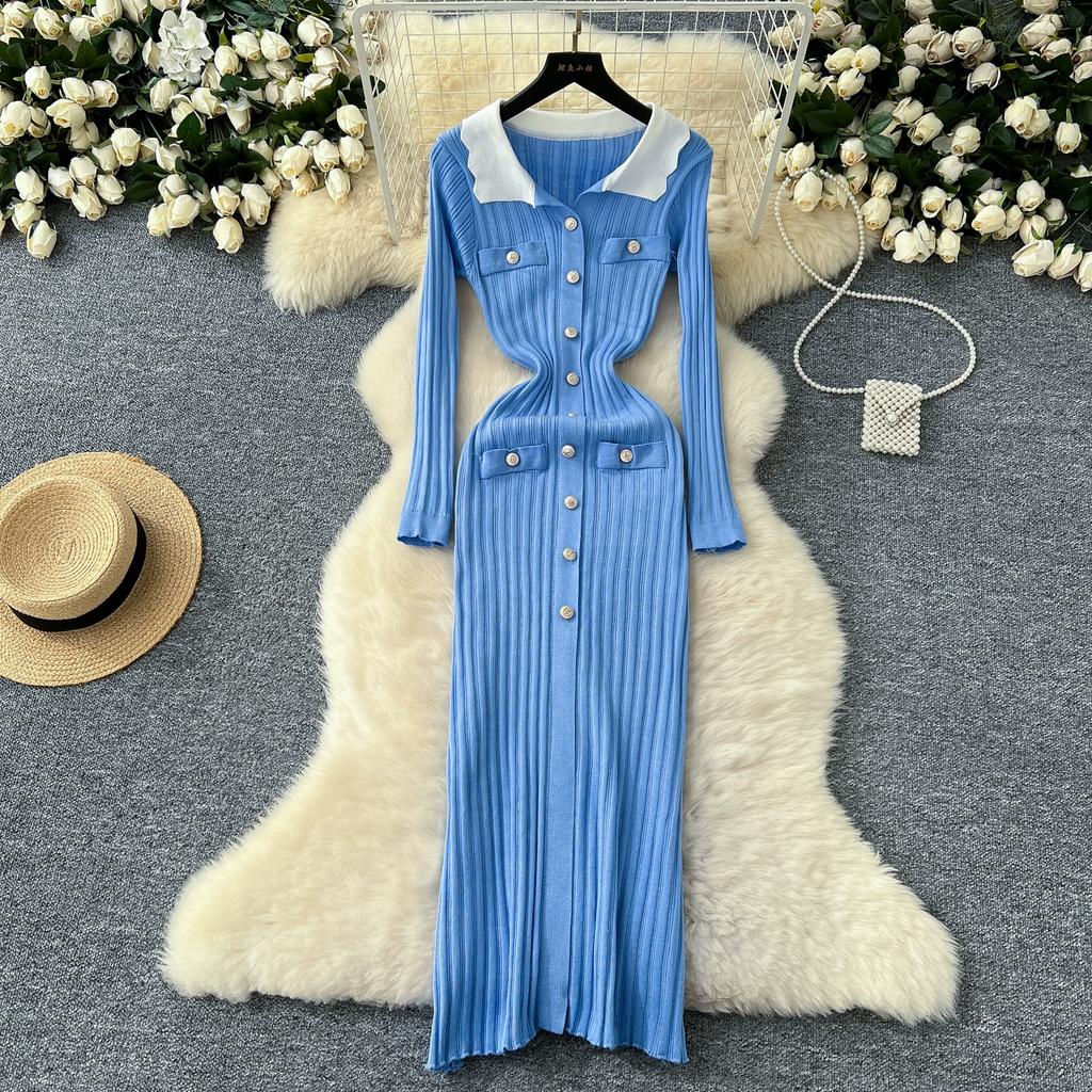 Autumn Winter Women Elegant Turn-down Collar Full Sleeve Knitted Sweater Long Maxi Sheath Dresses