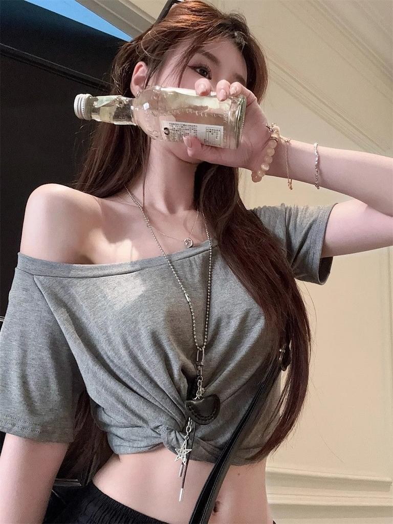 Spice girl style white kink slanted shoulder short-sleeved T-shirt summer pure desire slim-fitting off-the-shoulder niche short top women