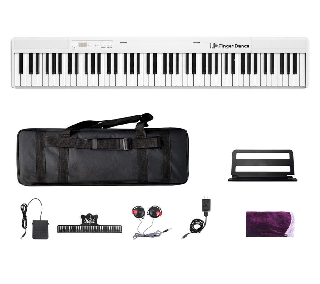 Digital Piano with MIDI Bluetooth Dual for Beginners and Adults 88-Key Semi-Weighted & Support, Earphones, Pedal, Keyboard, Lightweight, (White, Full)