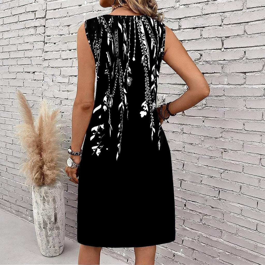 Plus Size V Neck Sleeveless Dress Chinese Ink Lotus Print For Garden Sightseeing Trip