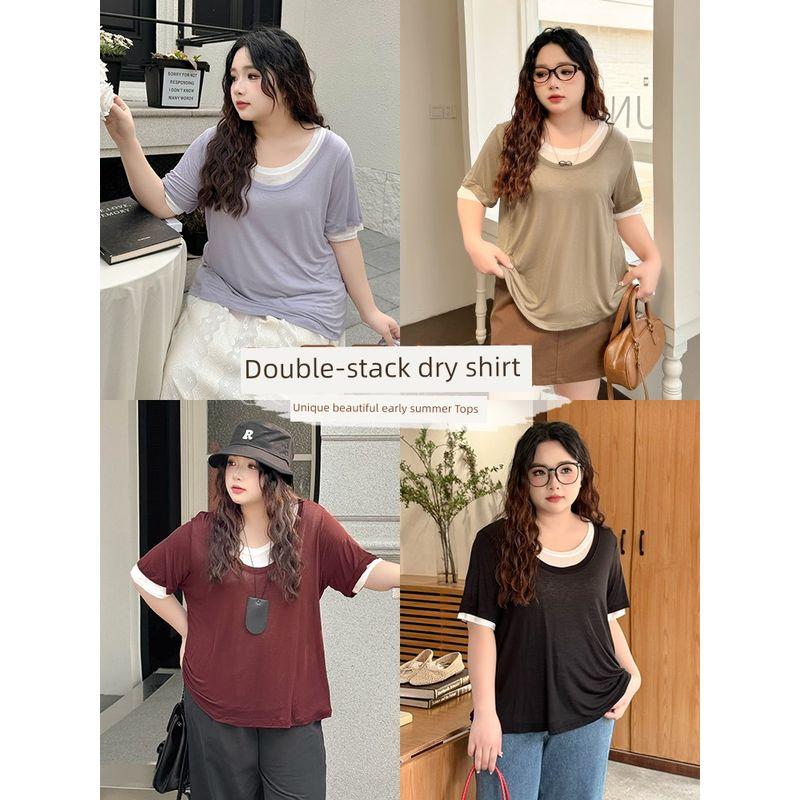 Plus size women clothing [Lyocell Stacked T] Double-Layer Contrast Color round Neck Loose Summer Short sleeve 100.00kg Belly Covering T-shirt