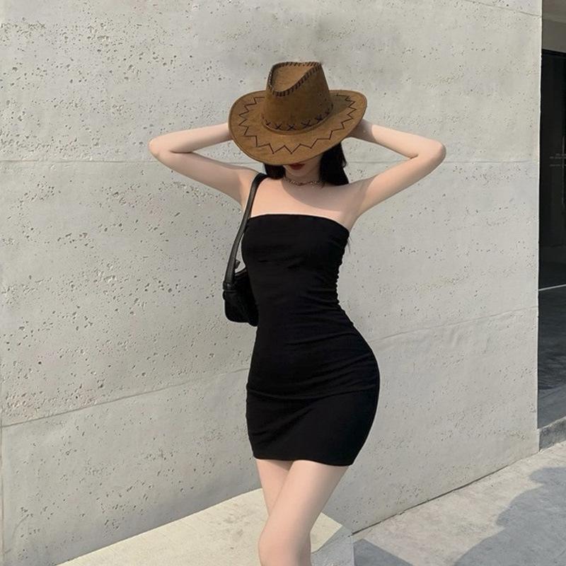 Women's 2026 Black Off-Shoulder Bodycon Dress - Sexy, Waist-Hugging, Hip-Wrapping Spring/Summer Skirt