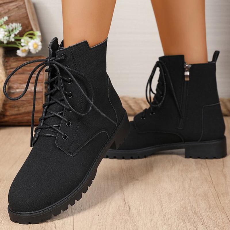 Fashion Retro Solid Zip Ankle Boots for Women Autumn Winter Square Heel Lace-Up Women\'s Boots Plus Size Round Toe Shoes of Woman
