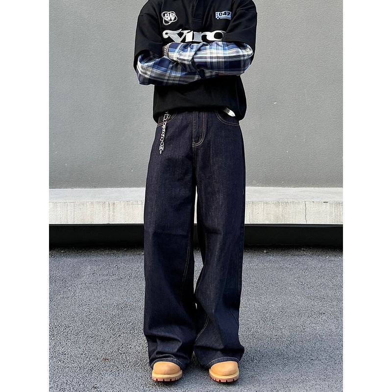 Blaexit American-Style Dark Blue Denim Jeans for Men, Vintage Straight-Leg Loose Casual Flared Original Color Wide-Leg Pants