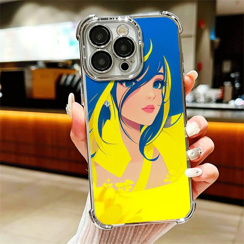 Blue Yellow Ukrainian Girl Plating Phone Case For Iphone 16 17 Pro Max Air 16E 14 15 Plus 12 13 Mini Anti-Fall Airabag Cover