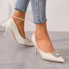 Fashion Crystal Buckle High Heels Shoes for Women Sexy Pointed Toe Thin Heeled Party Shoes Woman Slip-On White Satin Pumps Female