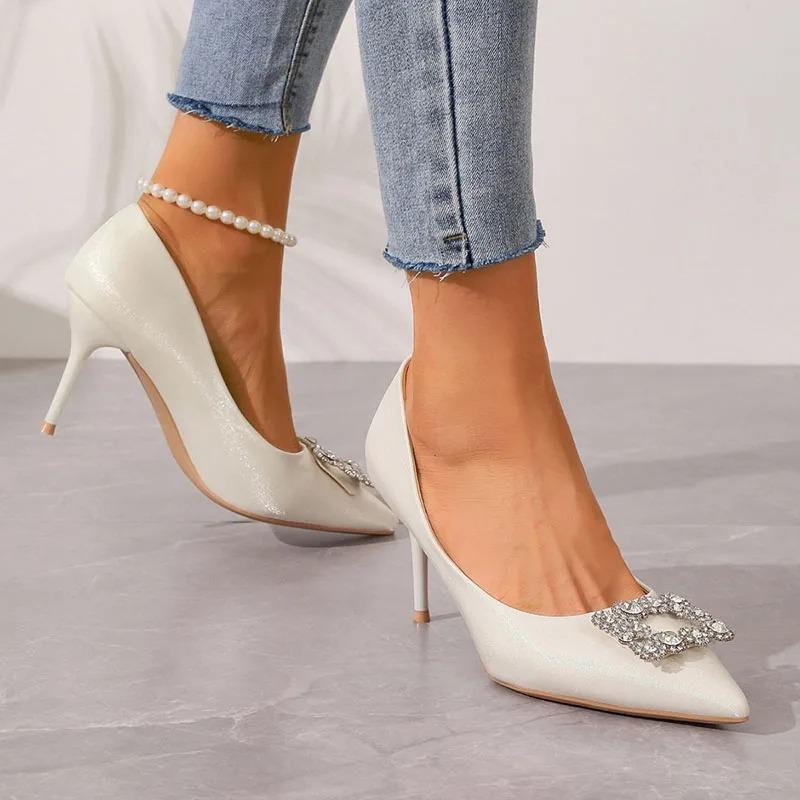Fashion Crystal Buckle High Heels Shoes for Women Sexy Pointed Toe Thin Heeled Party Shoes Woman Slip-On White Satin Pumps Female