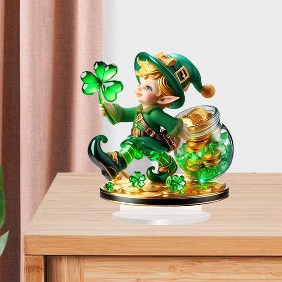 Yousheng 2Pcs Gnome Clover Ornaments, 2D Acrylic St. Patrick Day Ornament with Base, Shamrock Irish Table Centerpiece for Festive Holiday Desktop