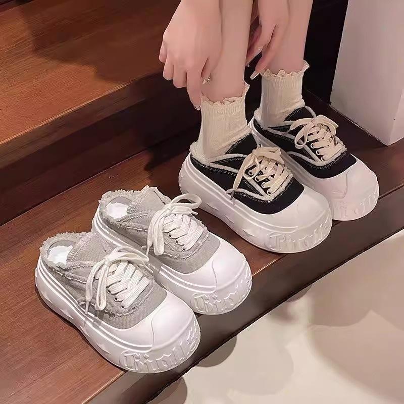 Big head bread shoes beggar canvas shoes bag head half slippers summer wear 2025 spring new thick sole heightening women's shoes