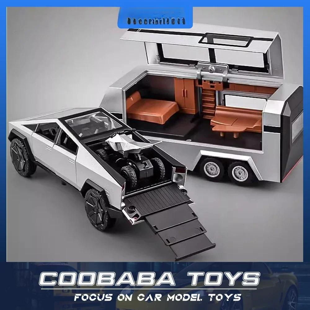 Scale 1/32 Tesla Cybertruck Pickup Trailer RV Metal Alloy Toys Car Model Diecast Off-road Vehicle Gift for Boys Kids Collection