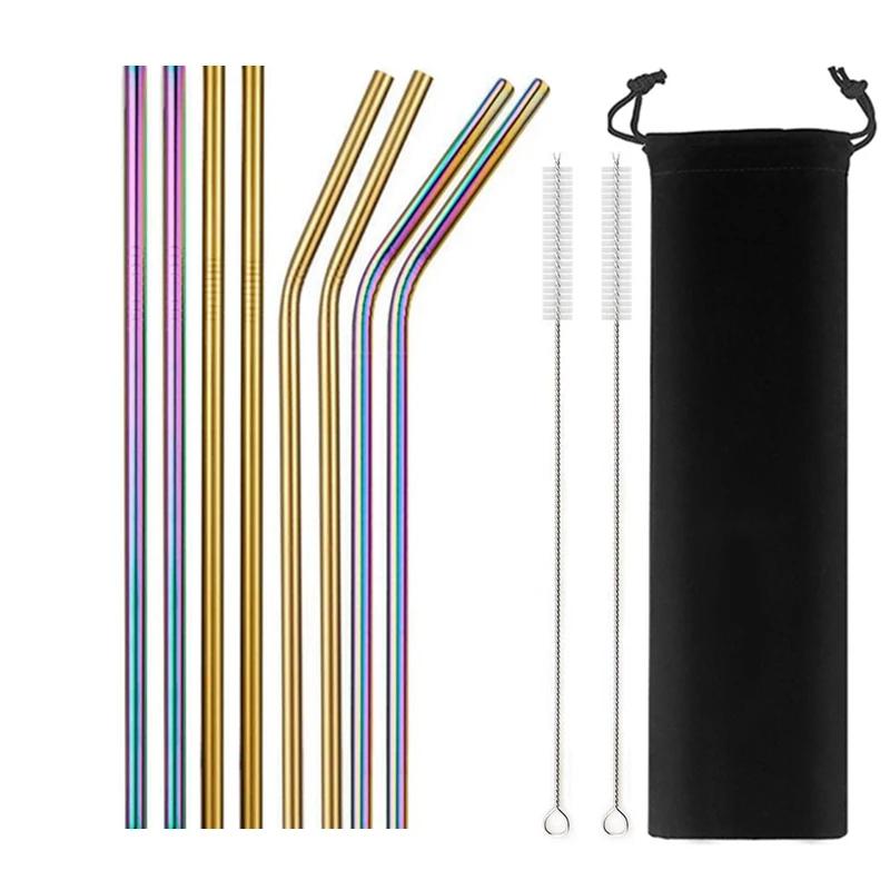 8 Pcs Metal Reusable 304 Stainless Steel Straws Straight Bent Drinking Straw with Bag Cleaning Brush Set Party Bar Accessory