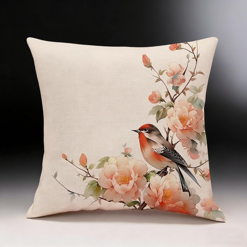 Vintage Oriental Floral Bird Print Cushion Cover Peach Skin Oriental Throw Pillowcase Sofa Living Bedroom Home Decor Pillow Case