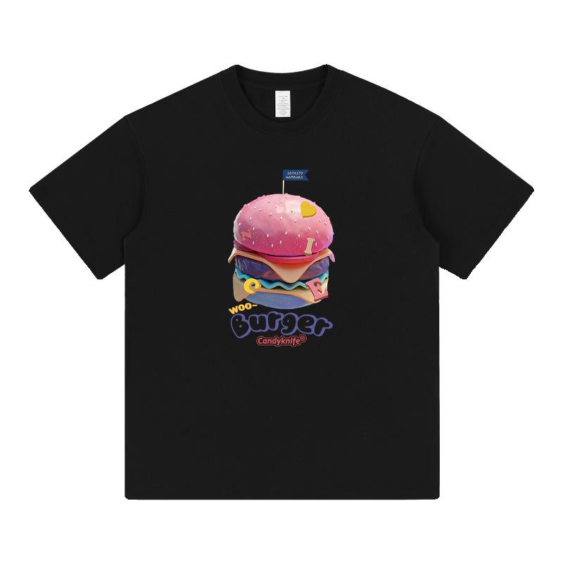 Retro Hamburger Print Short Sleeve T-Shirt for Couples - Trendy, Loose Fit for Men & Women