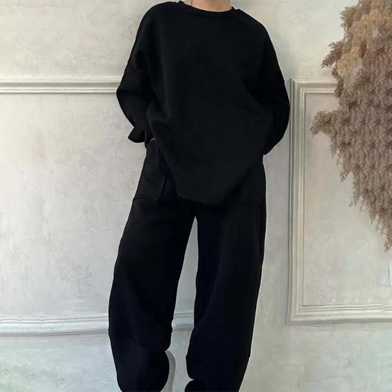 Women's Plus-Size Hoodie Set Autumn/Winter Solid Color Crewneck Sweatshirt Jogger Pants Two-Piece Set  Casual Sports Outfit