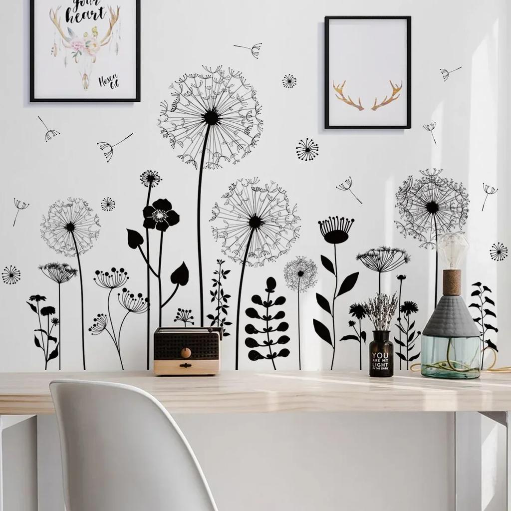 Wall Sticker Decorative Vinyl Adhesive Wall Sticker Wall Flowers Dandelion for Window Room Bedroom Black Home Decoration
