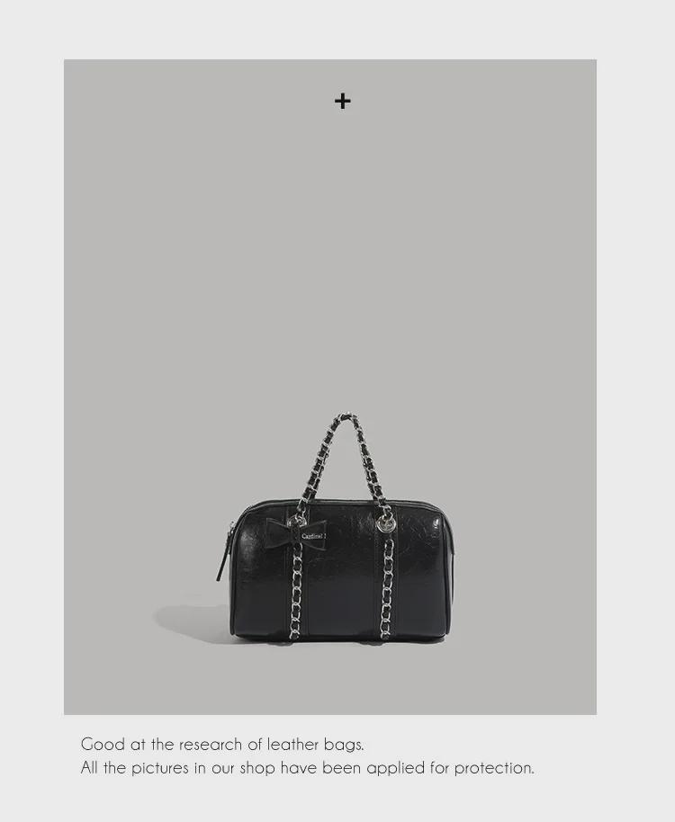Korean-Style Boston Wax Leather Handbag with Bow Accent