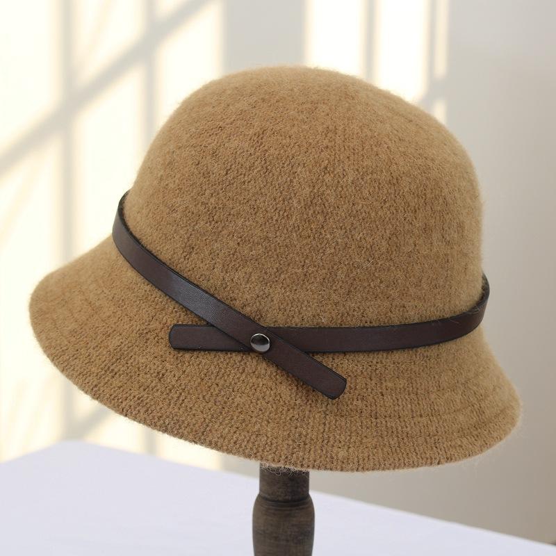 Wool Hat Women's Autumn and Winter Fashion Versatile Belt Plain Basin Hat Small Edge Dome Short Brim Bucket Hat Women