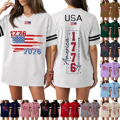 Damen Casual Mode V-Ausschnitt Sport Unabhängigkeitstag Druck Kurzarm Sport T-Shirt Top