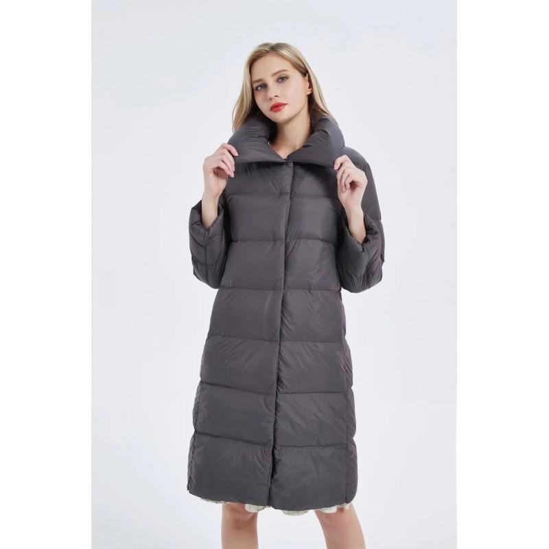 Womens Mid-Length Winter Down Coat With Large Lapel White Duck Fill 81-85% Content Slim Straight Fit