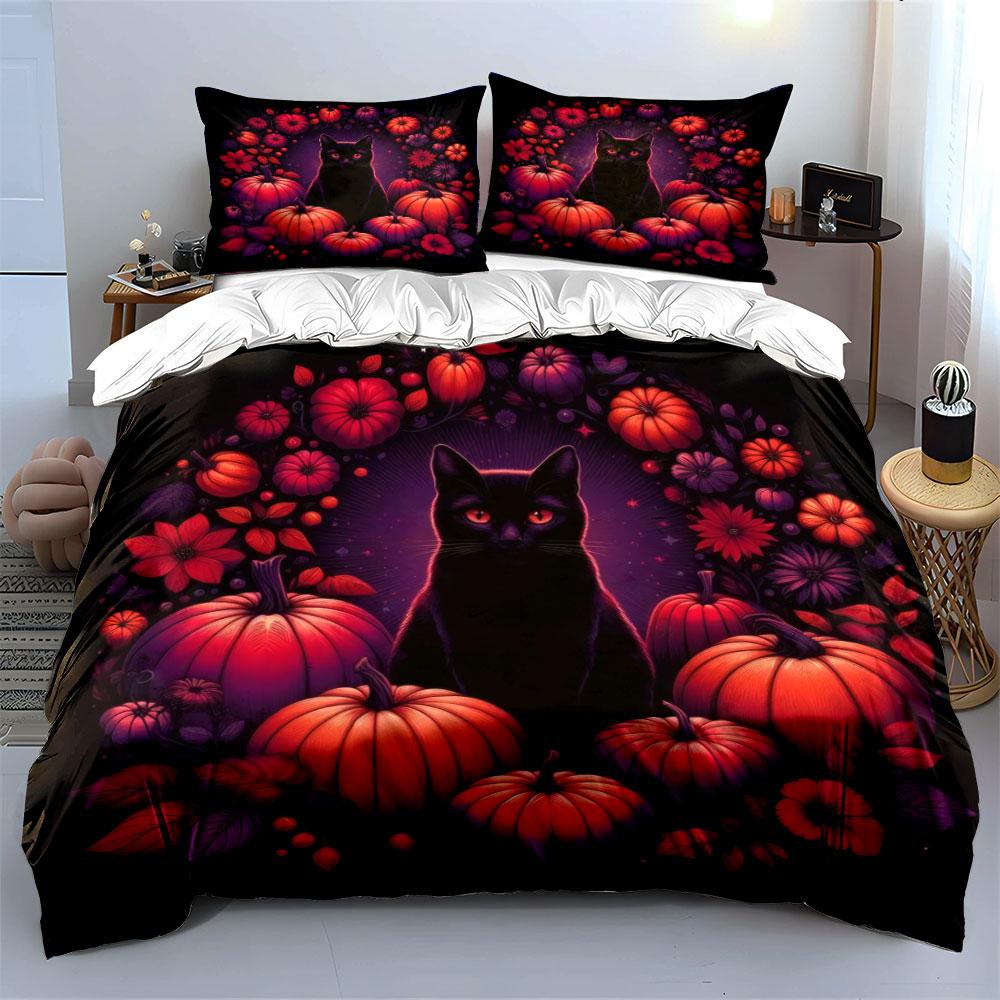 Halloween Cat Pumpkin Decor Soft Comfortable Duvet Cover Bedding Set Included 1*Duvet Cover & 2*Pillowcases, Gift