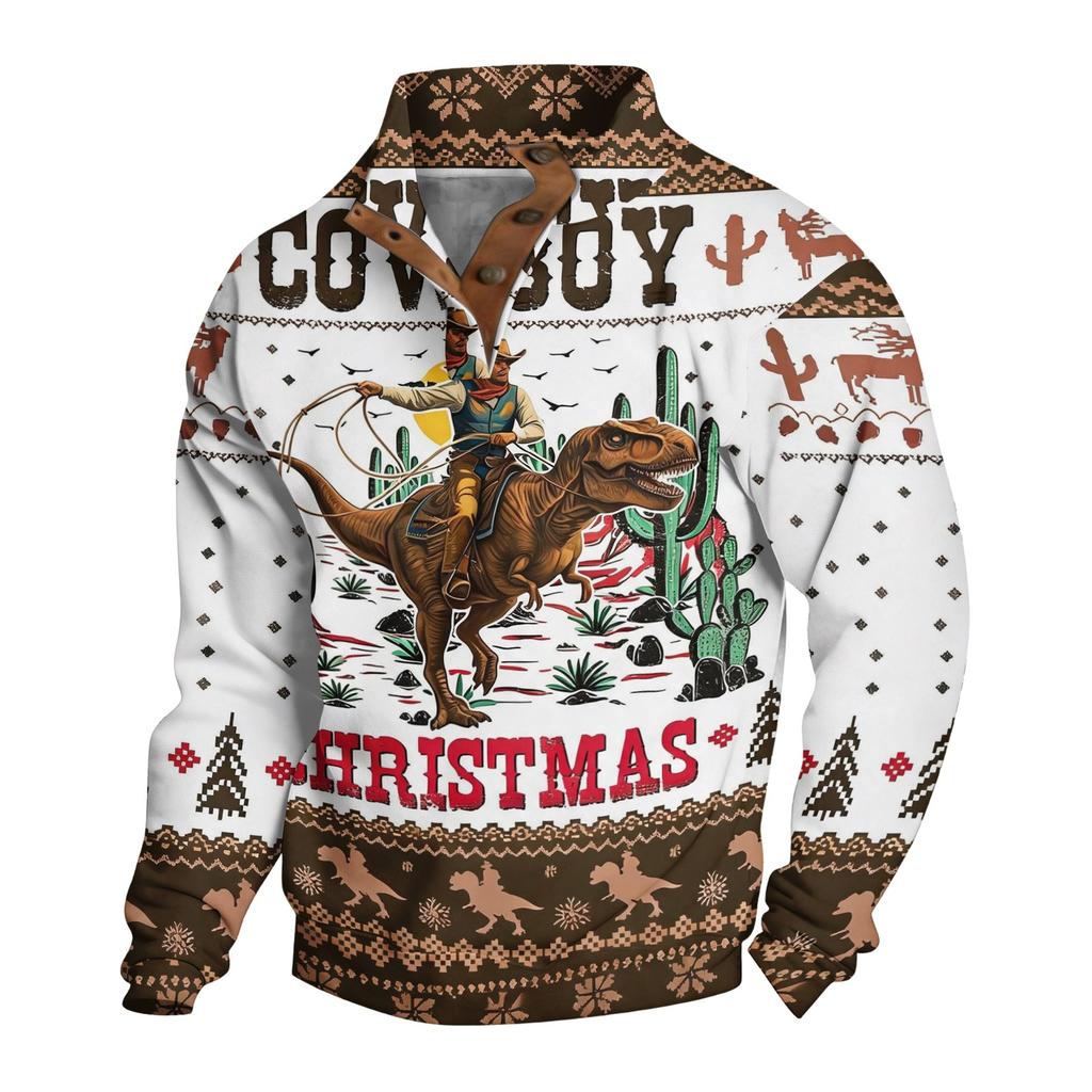 Men's Funny Novelty Christmas Print Button Pullover Hoodie Sweatshirt for Holiday Party