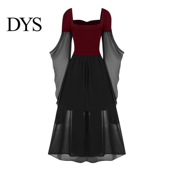 Wave Collar Dress Vinatge Women Irregular Horn Sleeve Solid Color A-line Big Hem Slim Square Neckline Waist Pleated Lace-up Strap Medieval Halloween