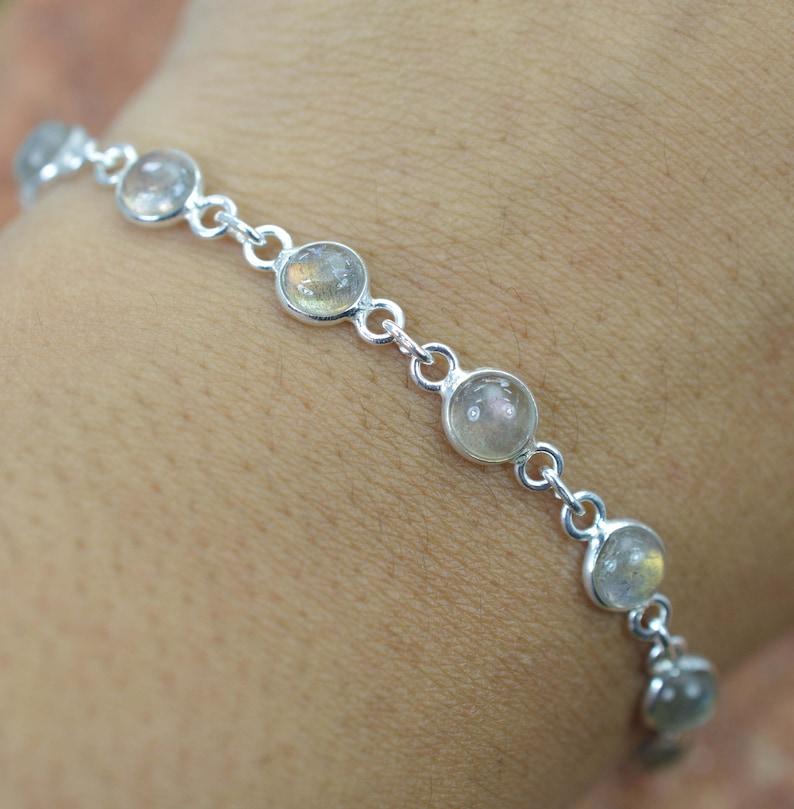 

Solid 925 Sterling Silver Round Labradorite Gemstone Birthstone Bracelet Charm Jewelry Gift For Her 7 inch