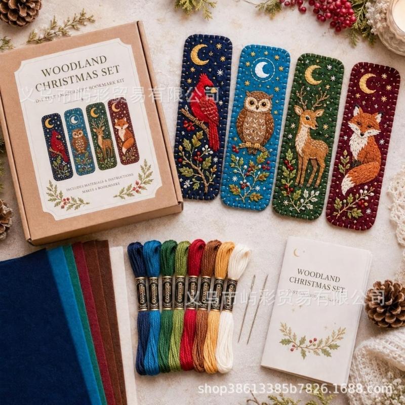 Handmade Christmas Embroidery Page Markers, with Step-by-Step Instruction Needle Thread for Book Lover Holiday Gift