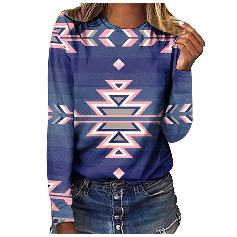 Spring and Autumn Round Neck 3D Retro Ethnic Style Printed Top Fashionable Casual Long Sleeved Women's T-shirts