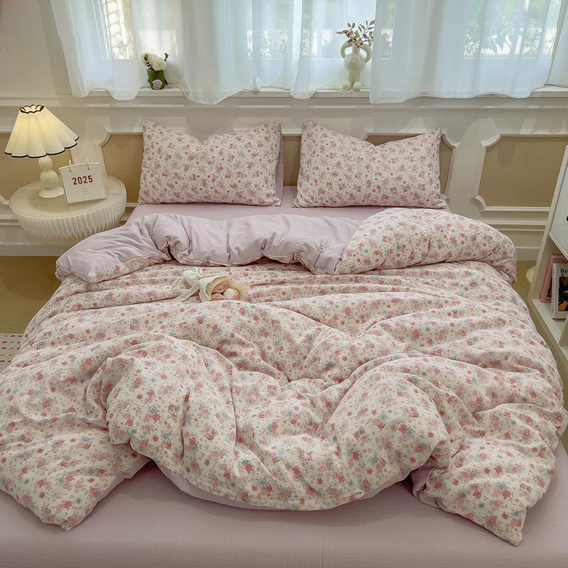 Cream Wind Double Yarn Bedding Four-piece Set Skin-friendly Breathable Washed Sheets Quilt Cover Pillowcase