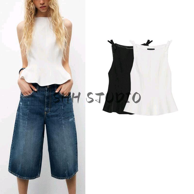 Spring New Women Clothes Boat Neck Sleeveless Capri Short Skirt Hem Bowknot Decoration Top 2606777