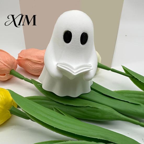 Cute Ghost Figurines for Home Decor Halloween Mini Reading Book Ornament, 3D Printed Little Minimalist Figurine, Durable PLA Creative Statues