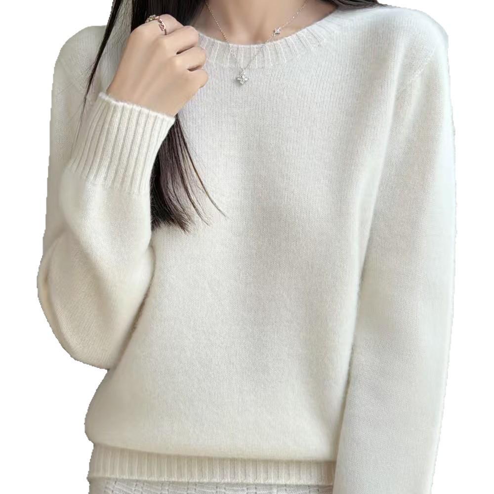 Women's 100% Pure Wool Round Neck Long Sleeve Sweater - Autumn/Winter Casual Loose Fit, Warm and Soft Base Layer.