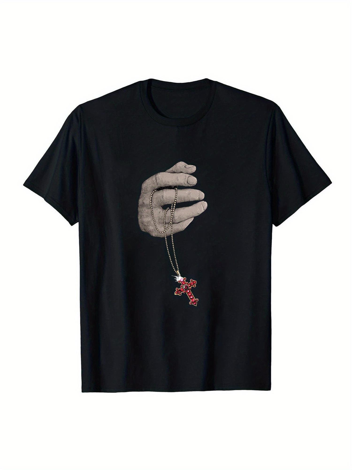 

Men s Black Graphic T-Shirt with Hand-Holding Cross Necklace Print- 100% Cotton Relaxed Fit Short Sleeve Tee for Casual& Sporty Style M