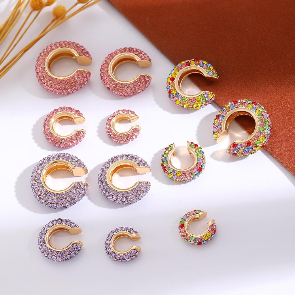 Retro Fashion C-Shaped Bling Ear Clips with Colored Diamonds - Trendy No-Pierce Earrings