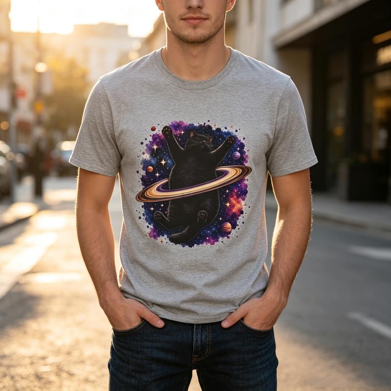 Space Black Cat Graphic T Shirt Galaxy Saturn Cat Print Unisexs Unisexs Cotton Crew Neck Casual Y2k Top Oversized Tee Harajuku
