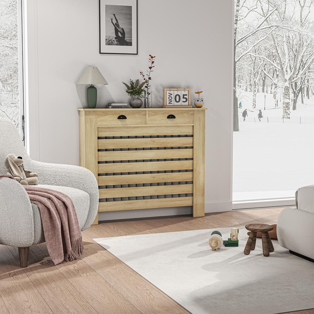 95.5H X 111Wcm Radiator Cover, with Drawer - Oak