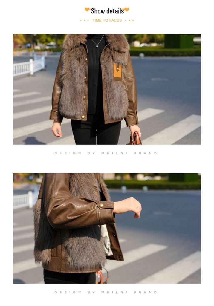 Women's Fashionable Faux Fur & Leather Jacket with Cotton Lining