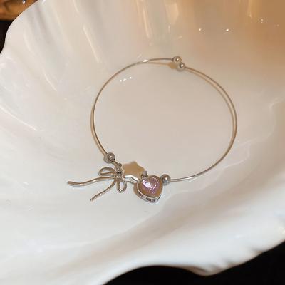 Dulce Pulsera Fina Ajustable Abierta con Encanto de Zircón de Lazo de Corazón Simple para Mujeres Niñas Joyería Estética Regalo de Cumpleaños