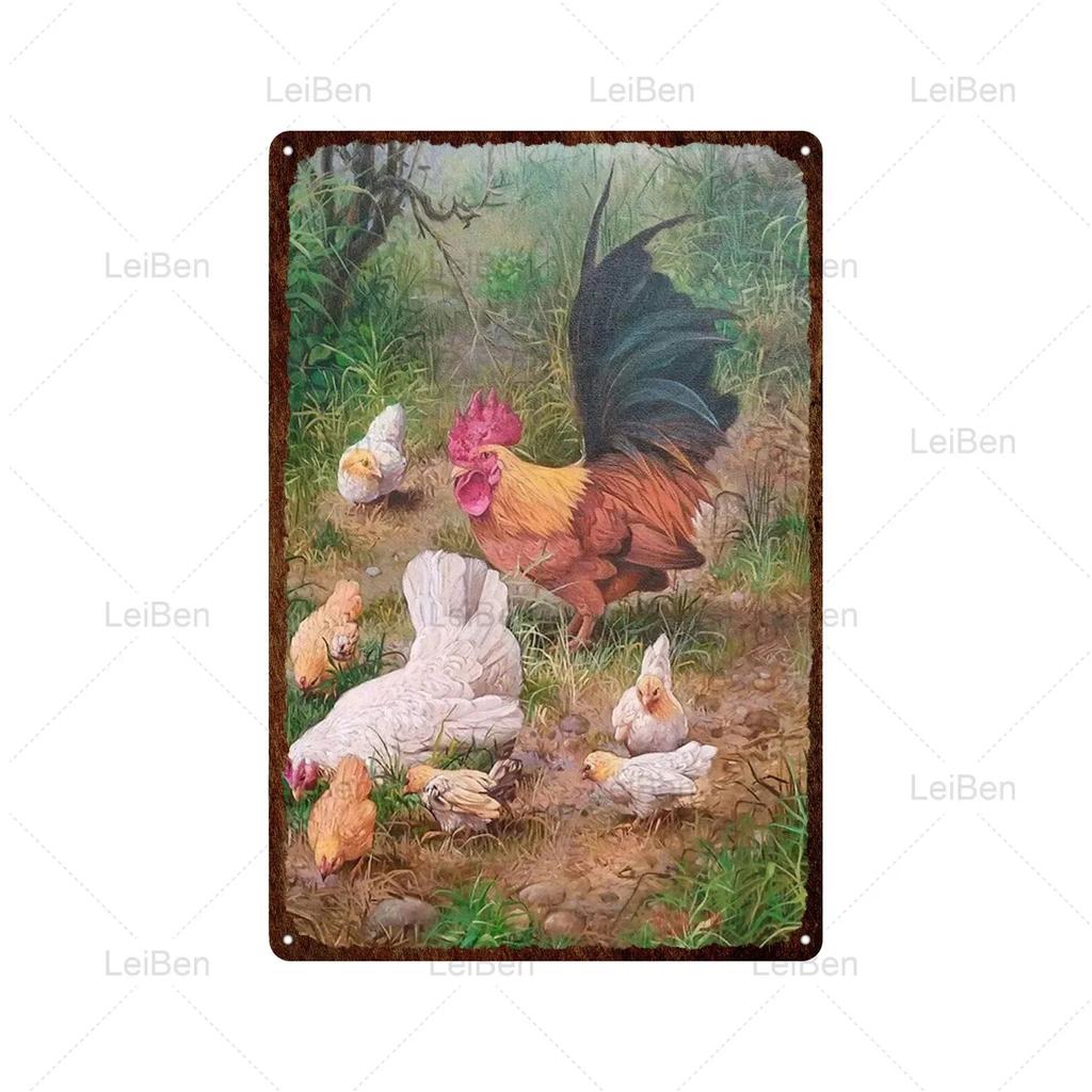 Kyckling Vintage Metallplåtskyltar Kyckling Tupp Höna Ägg Gård Staket Skylt Retro Plakett Dekorativ Plåt för Gårdstallrik Heminredning