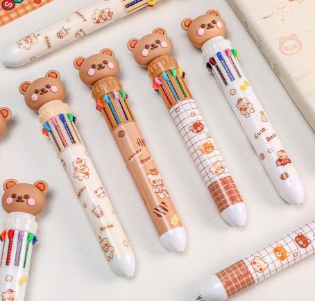 Bear 10 Color Ballpoint Pen, Cute Cartoon Push Button Multicolor Pen, Student School Supplies for Writing Drawing Gift for Kids