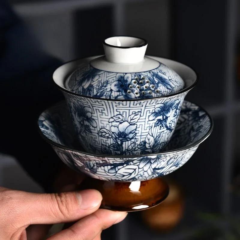 160ml Blue White Porcelain Gaiwan Handmade High Footed Ceramic Gongfu Teaware Portable for Travel Camping Tea