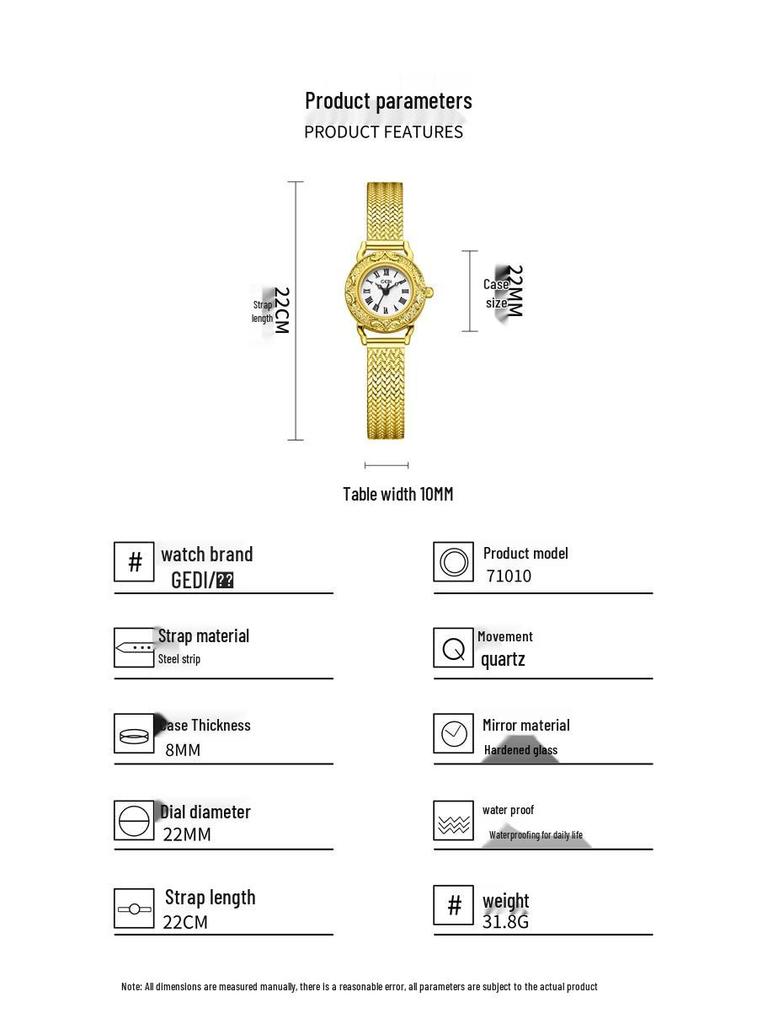 Gedi Retro Geprägte Goldene Uhr mit Weizenähren-Armband - Elegante Damen-Quarzuhr