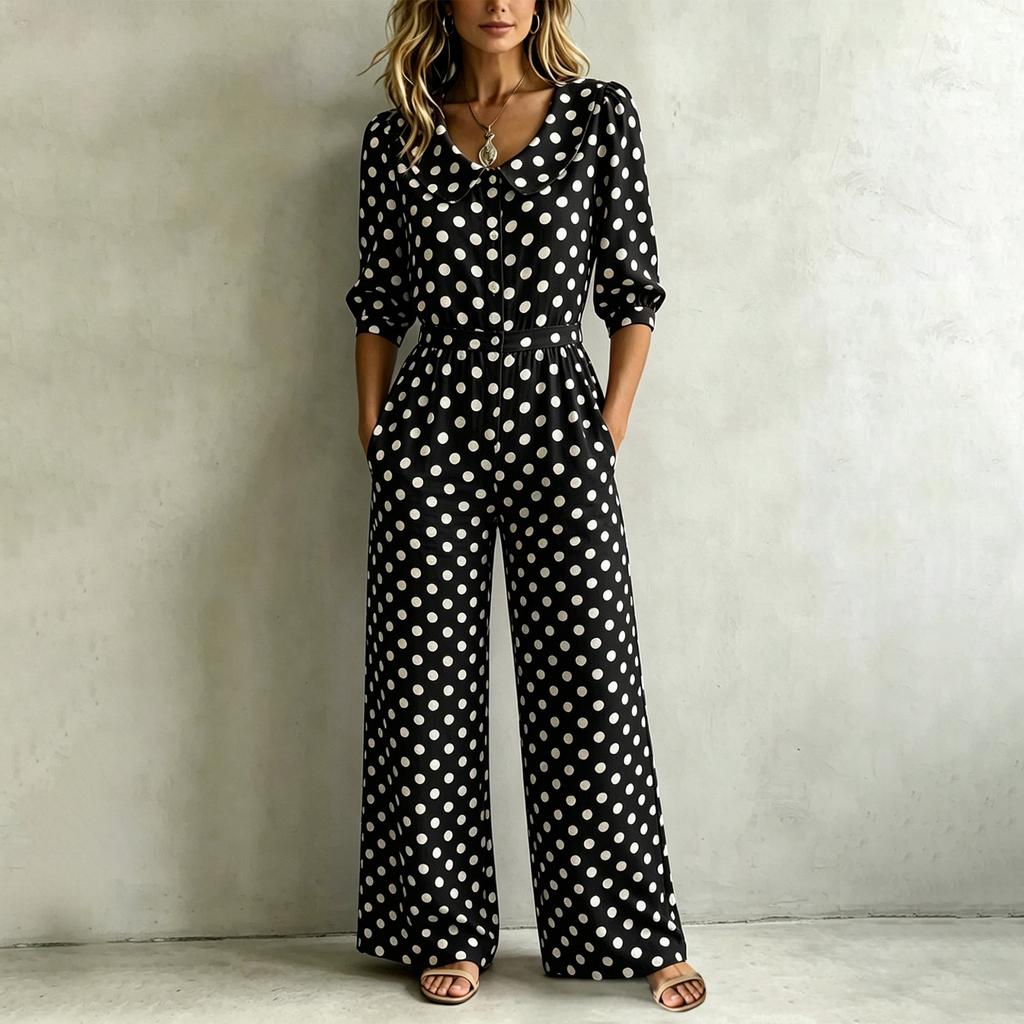 Women's Polka Dot Jumpsuit Casual Vacation One Piece Outfit Wide Leg Elastic Waist 3/4 Sleeve V Neck Button Front