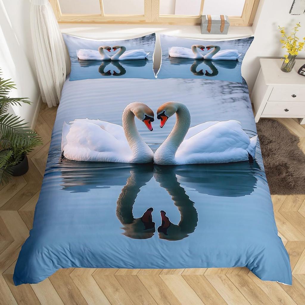 Red Rose Beding Set White Swan Soft Duvet Cover Quen Wild Animal Romantic Flower Warm Comforter Cover for Young Girls Woman Lady Weding Decor