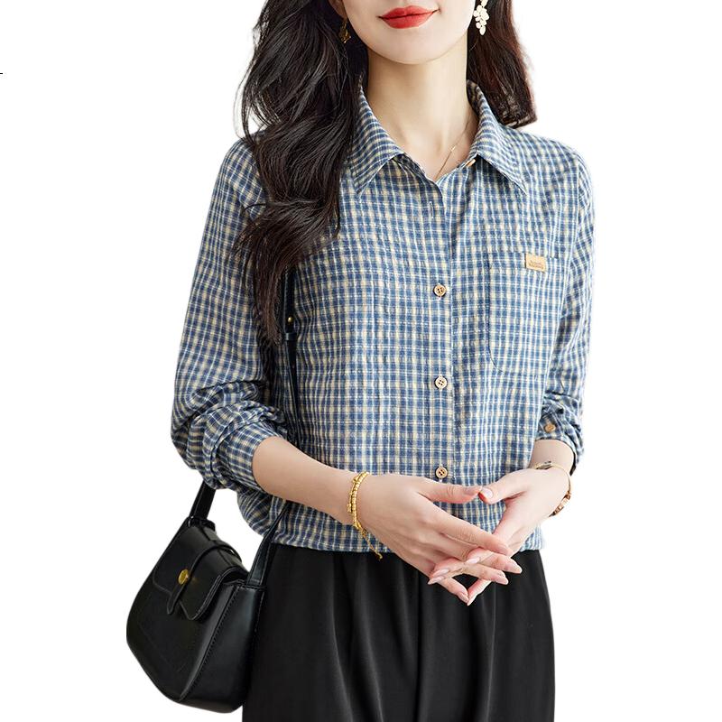 YUZHAOLIN Plaid Lapel Women's Jacket, Loose And Comfortable Design, Casual Versatile Long-Sleeve Shirt, Y41S011